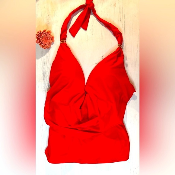 Bar III Plunging Cowlneck Halter Tankini Top, Color Red, Size Small, NWOT - Picture 4 of 6